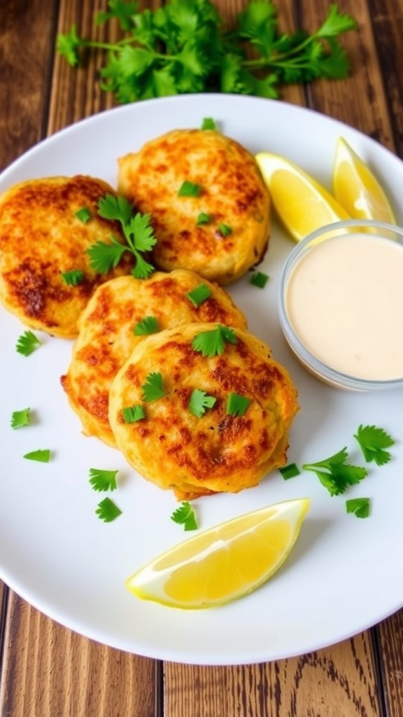 Canned Salmon Patties Recipe Golden-brown salmon patties on a plate with parsley and lemon wedges.